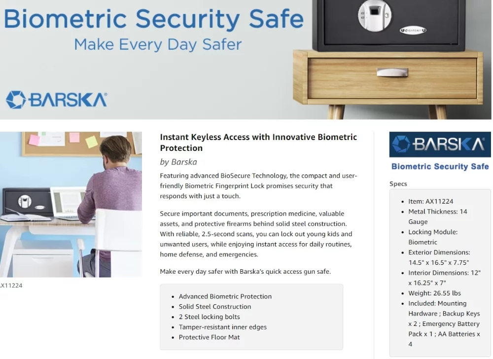 Full Features of BARSKA Biometric Safe