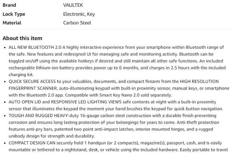 Features of VAULTEK VT20i Biometric Handgun Safe Review